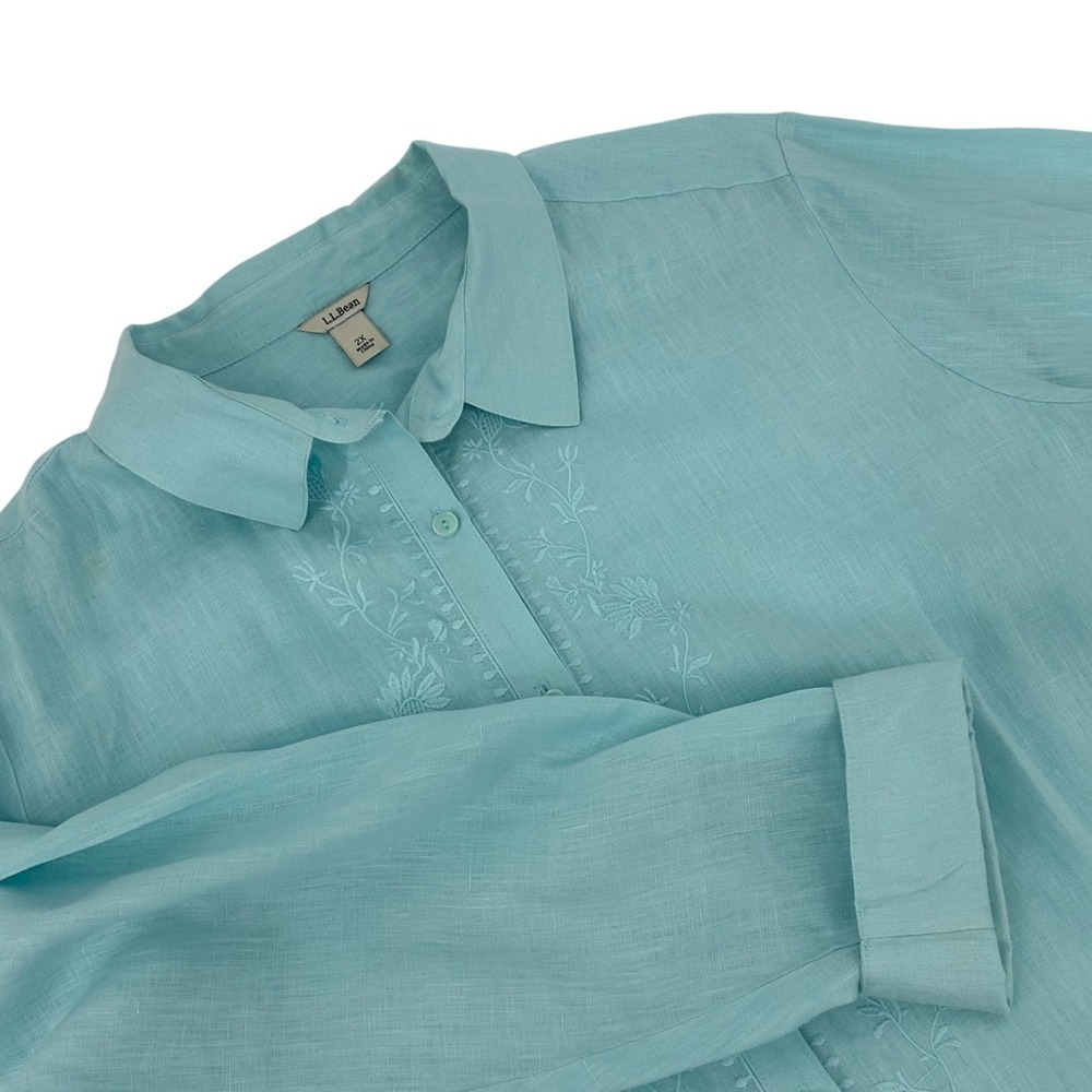 LL Bean Womens 2X Aqua Blue 100% Linen Embroidered Button Down Shirt 294764